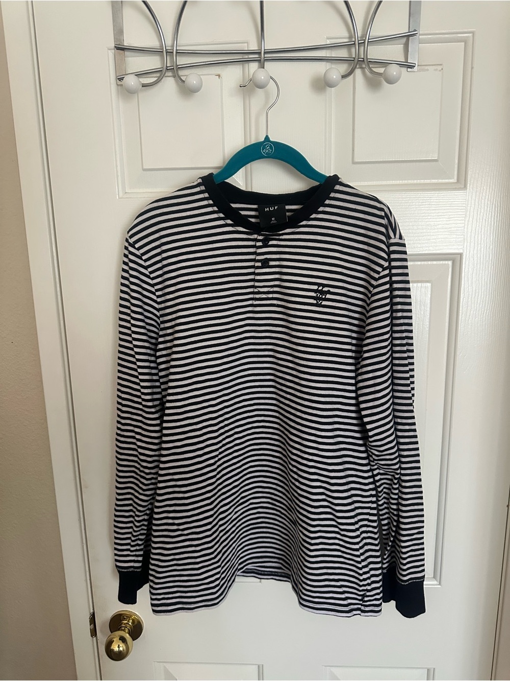 HUF Black & White Striped Long Sleeve Top with Ribbed Collar